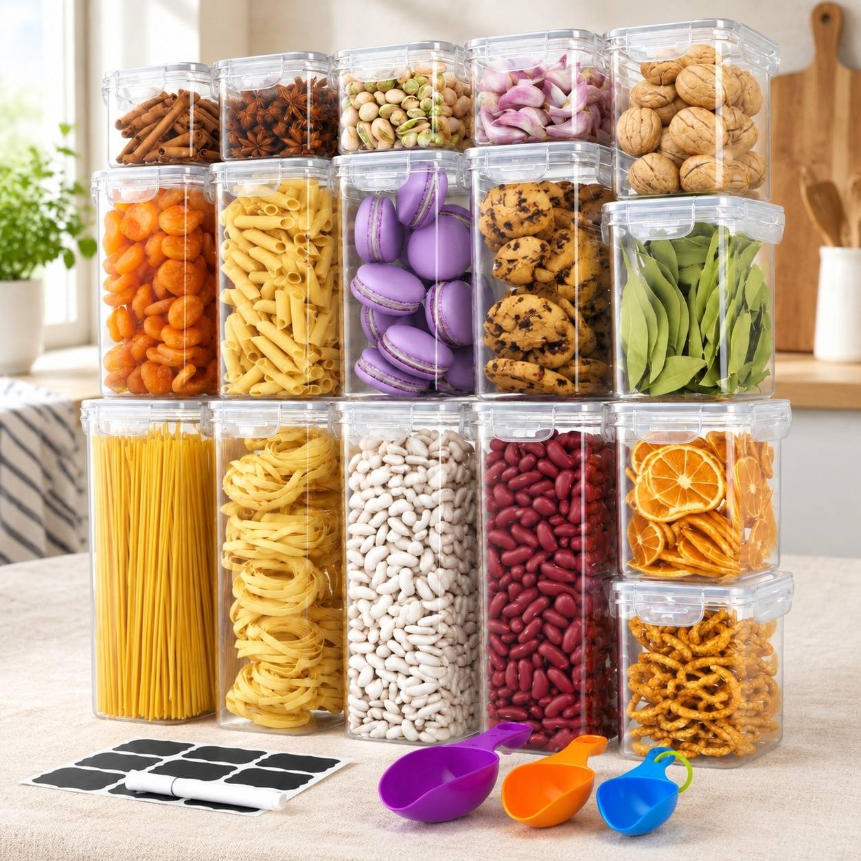 Set de 16 Boîtes de Rangement Alimentaire avec Étiquettes Craie et Cuillères Doseuses - Image 7