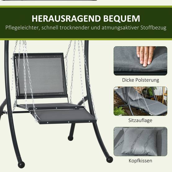 Chaise longue suspendue, toit basculant, avec coussin d’assise, coussin, cadre en acier, Gris, 108 x 145 x 169 cm - Image 6