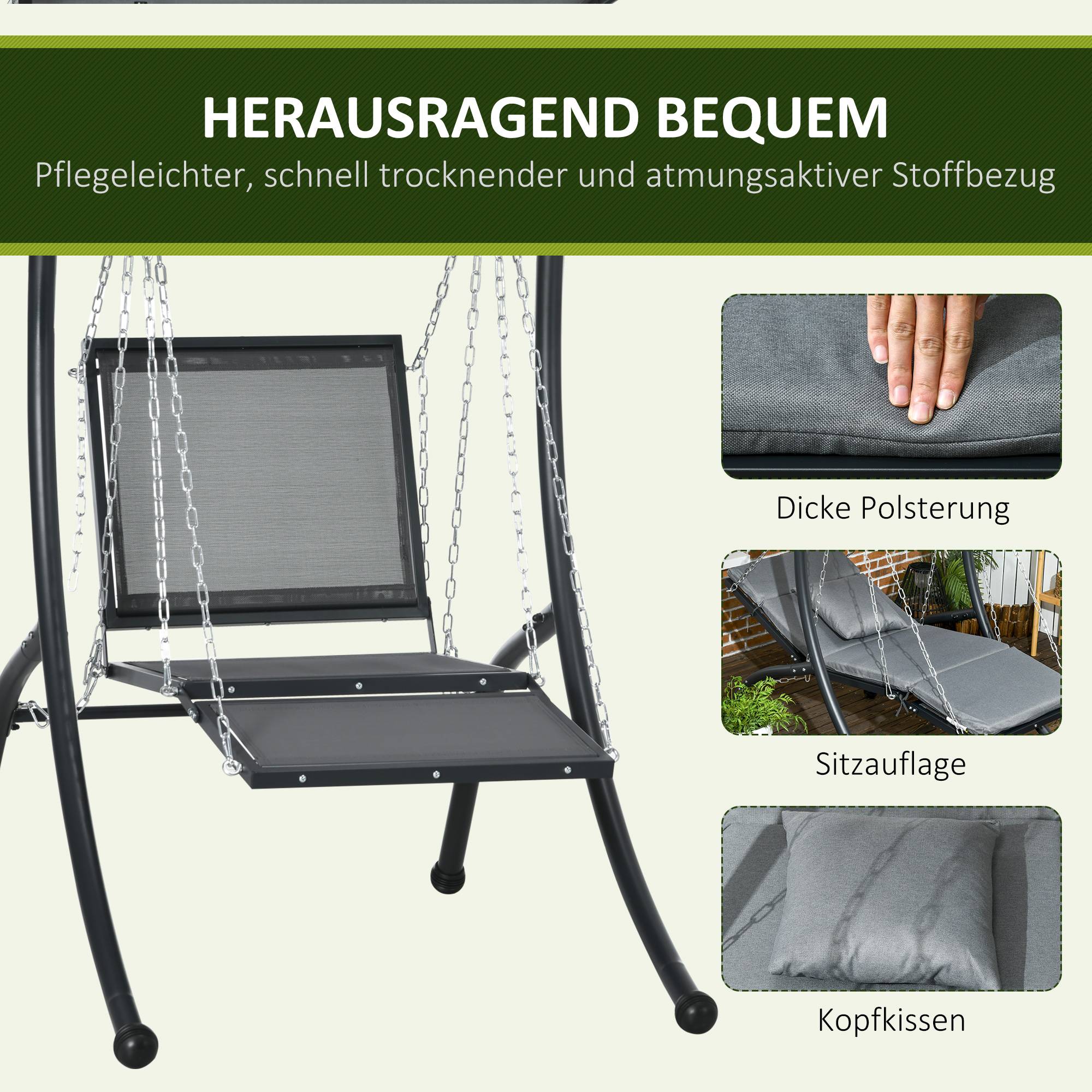 Chaise longue suspendue, toit basculant, avec coussin d’assise, coussin, cadre en acier, Gris, 108 x 145 x 169 cm - Image 6