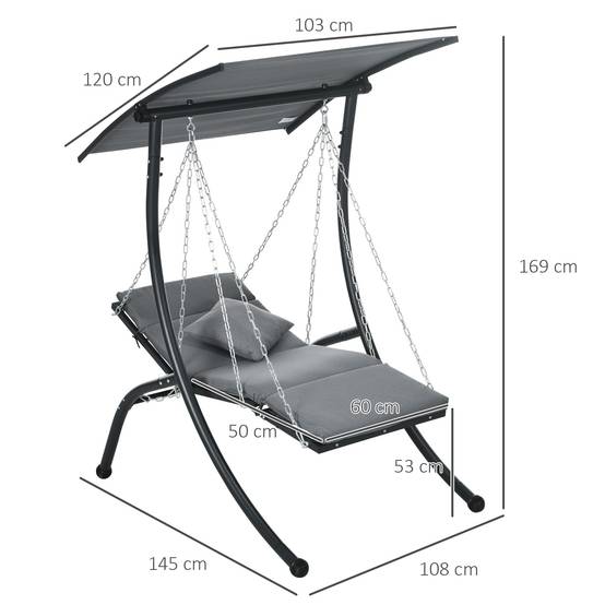 Chaise longue suspendue, toit basculant, avec coussin d’assise, coussin, cadre en acier, Gris, 108 x 145 x 169 cm - Image 3