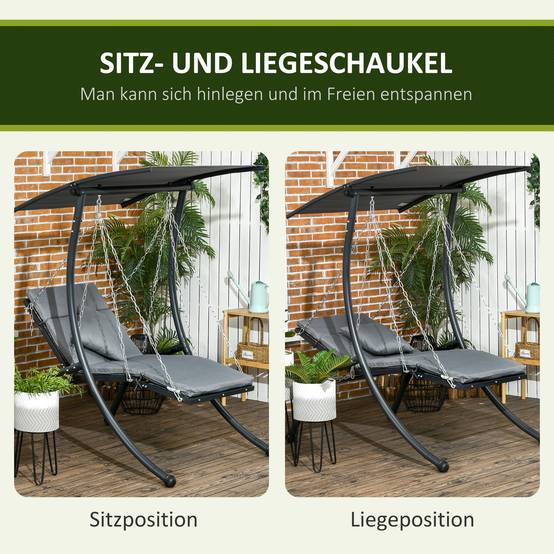 Chaise longue suspendue, toit basculant, avec coussin d’assise, coussin, cadre en acier, Gris, 108 x 145 x 169 cm - Image 4