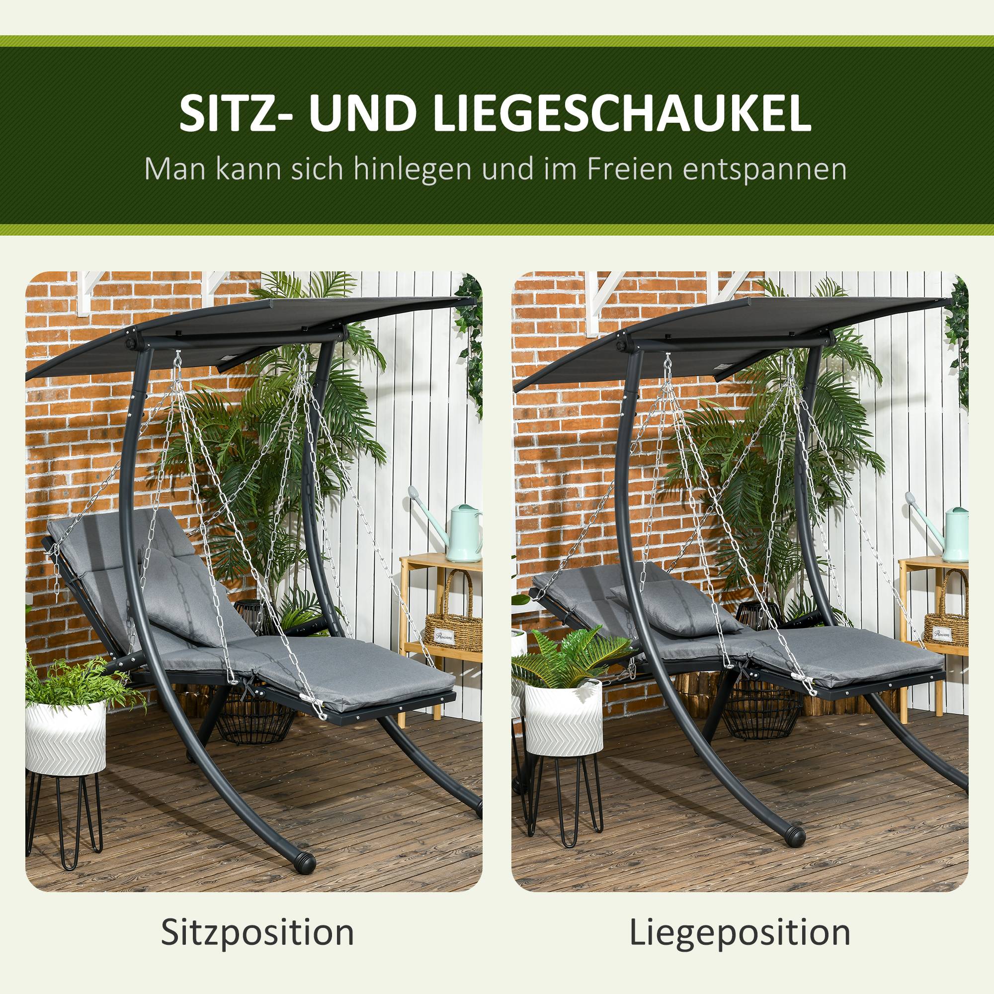 Chaise longue suspendue, toit basculant, avec coussin d’assise, coussin, cadre en acier, Gris, 108 x 145 x 169 cm - Image 4