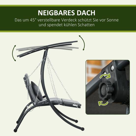 Chaise longue suspendue, toit basculant, avec coussin d’assise, coussin, cadre en acier, Gris, 108 x 145 x 169 cm - Image 5