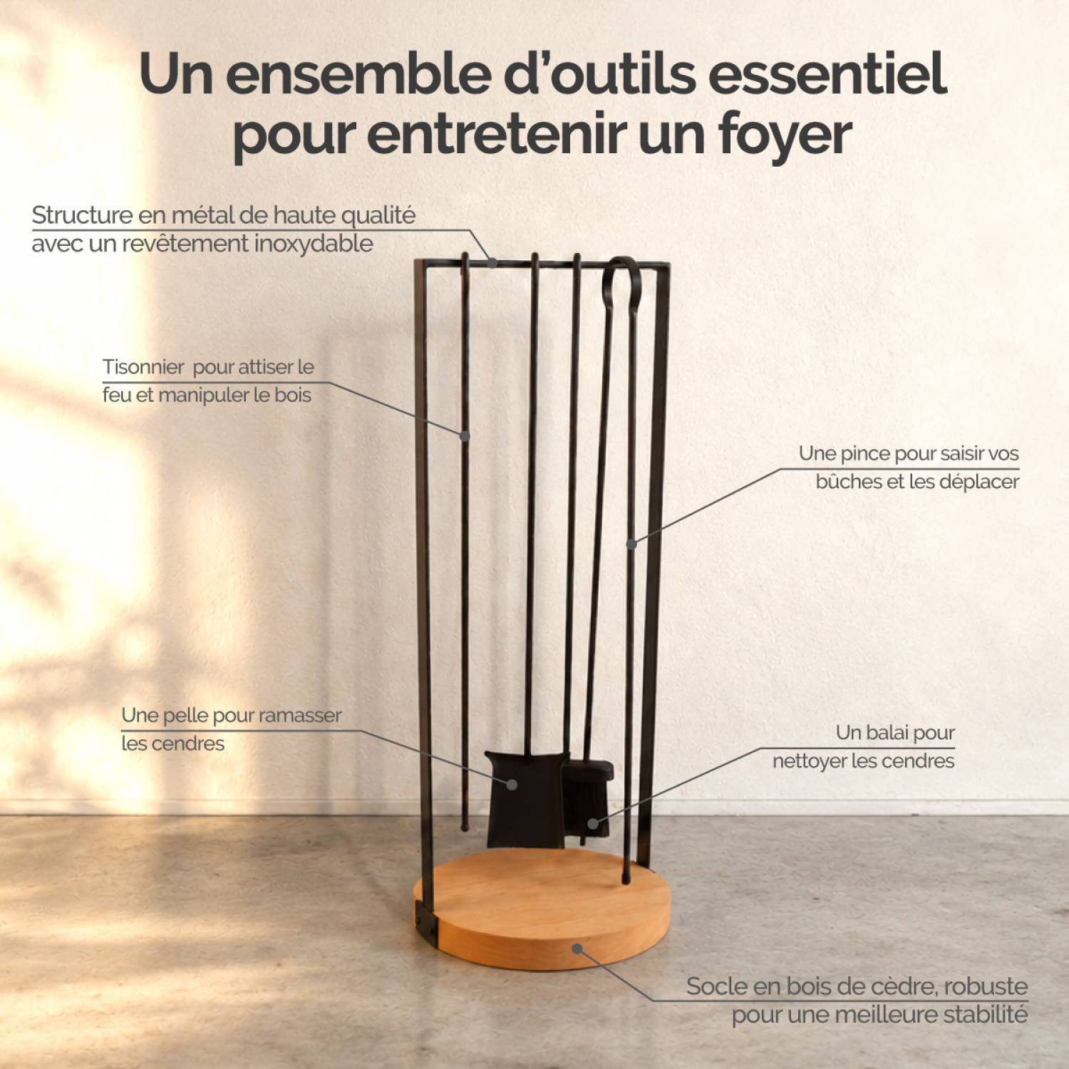 Linxor - Ensemble serviteur de cheminée et accessoires, pince, tisonnier, balai, pelle - 4 pièces - Noir - Linxor - Image 3