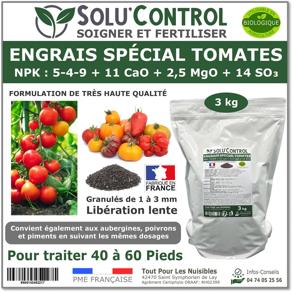 SOLU’CONTROL - 3 kg d'Engrais Spécial Tomates, Aubergines, Poivrons, Piments - Formulation haute qualité Organo-Minerale - UAB - Image 1