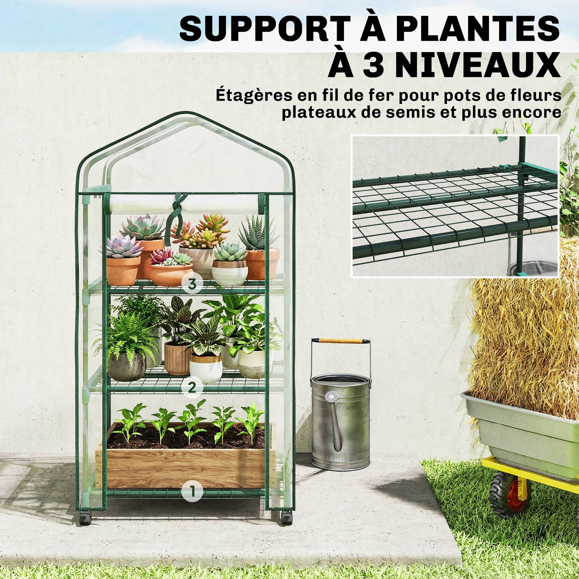 Outsunny - Serre de balcon étagères 3 niveaux bâche renforcée 140g/m² porte zippée enroulable pour légumes plantes fleurs acier transparent - Outsunny - Image 7