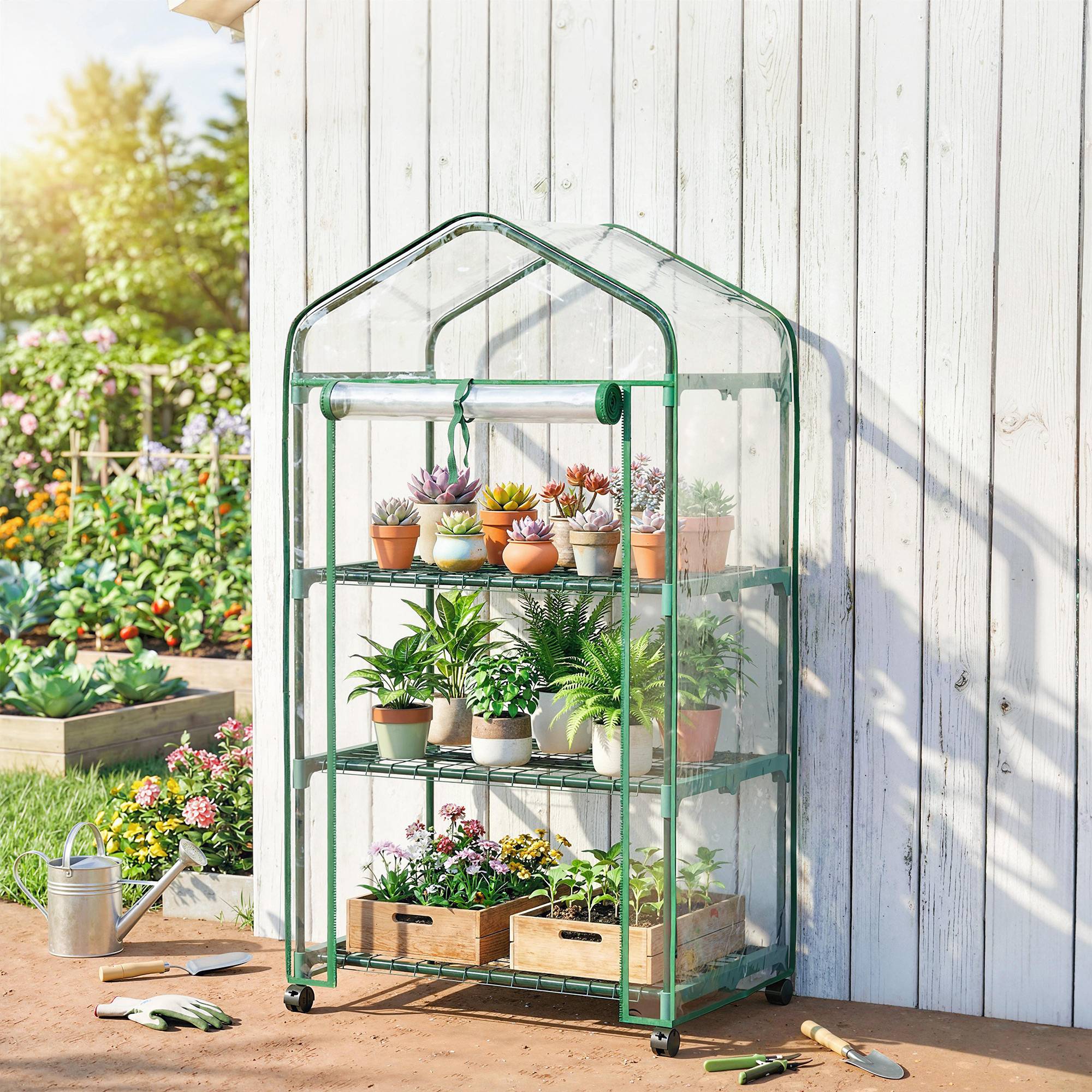 Outsunny - Serre de balcon étagères 3 niveaux bâche renforcée 140g/m² porte zippée enroulable pour légumes plantes fleurs acier transparent - Outsunny - Image 6