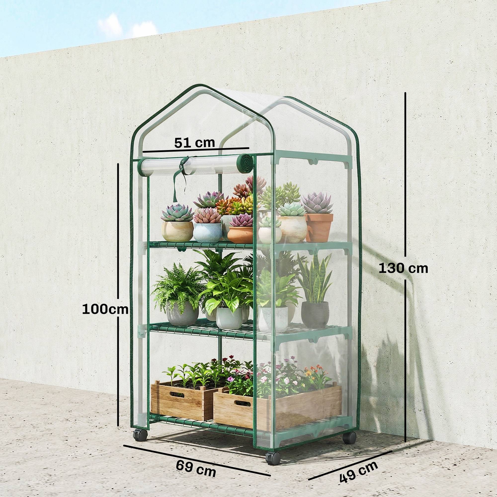 Outsunny - Serre de balcon étagères 3 niveaux bâche renforcée 140g/m² porte zippée enroulable pour légumes plantes fleurs acier transparent - Outsunny - Image 3