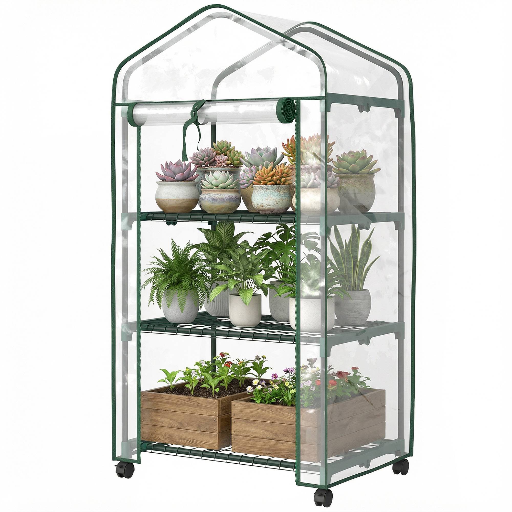 Outsunny - Serre de balcon étagères 3 niveaux bâche renforcée 140g/m² porte zippée enroulable pour légumes plantes fleurs acier transparent - Outsunny - Image 5