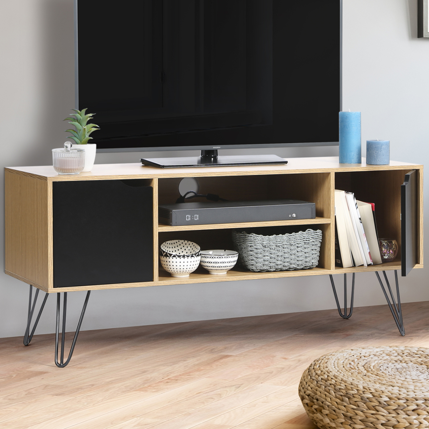 Meuble TV 113 cm vintage NOEMI pied épingle bois portes noires - Image 1