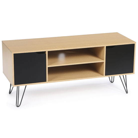 Meuble TV 113 cm vintage NOEMI pied épingle bois portes noires - Image 2