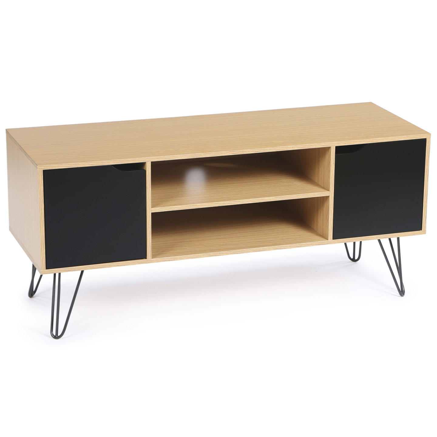 Meuble TV 113 cm vintage NOEMI pied épingle bois portes noires - Image 2