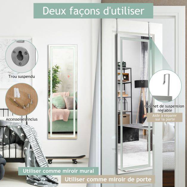 Helloshop26 - Miroir mural led miroir pleine longueur lumineux à 3 couleurs cadre en mdf 120 x 37cm blanc - Imagen 5