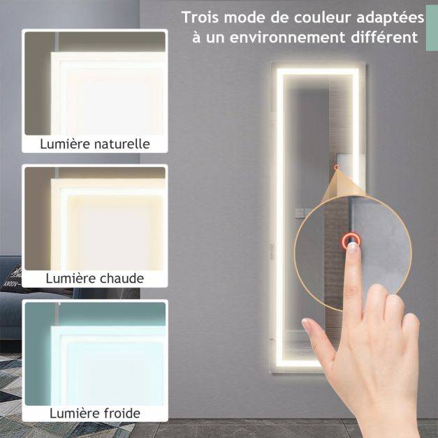 Helloshop26 - Miroir mural led miroir pleine longueur lumineux à 3 couleurs cadre en mdf 120 x 37cm blanc - Imagen 4