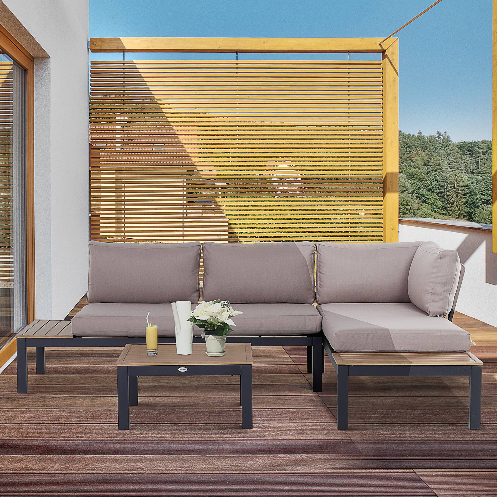 Outsunny - Ensemble salon de jardin d'angle design contemporain 5 places coussins marron table basse alu. noir et imitation bois - Outsunny - Imagen 2