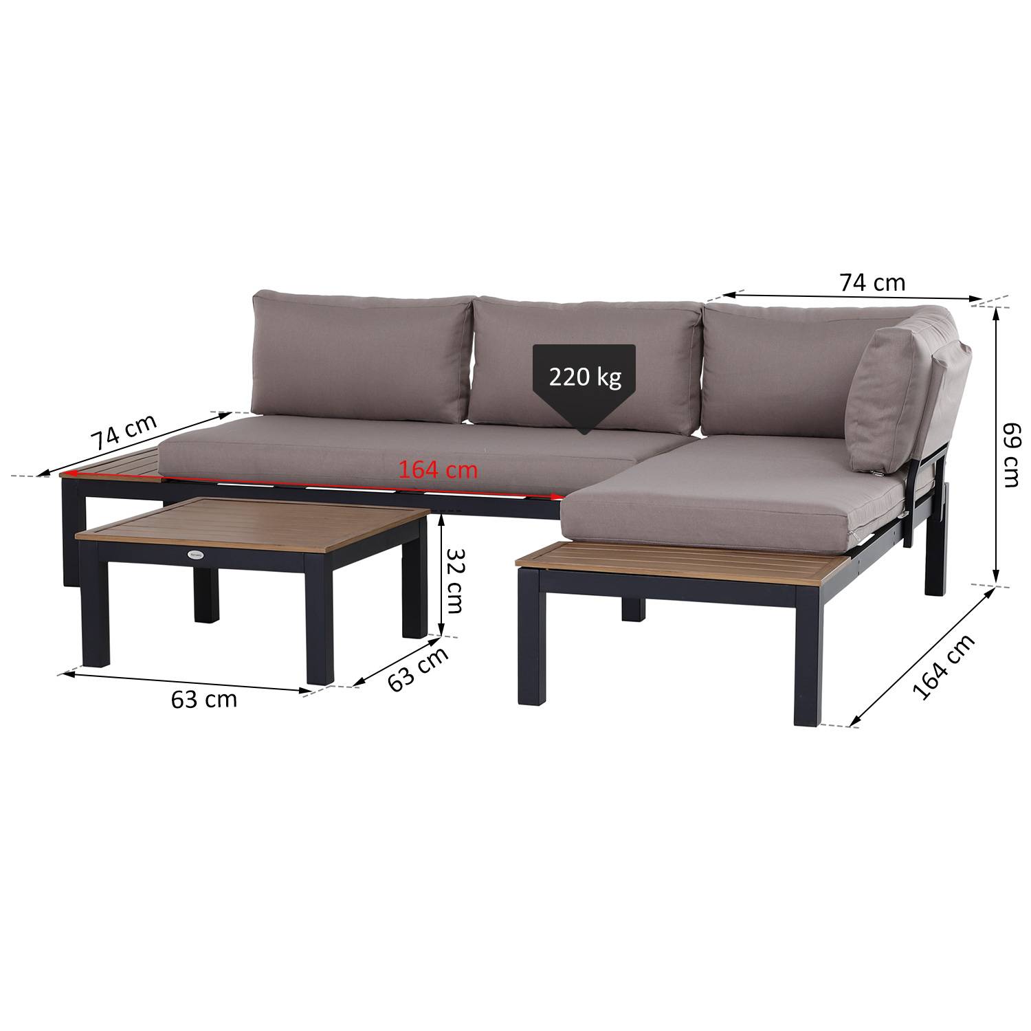 Outsunny - Ensemble salon de jardin d'angle design contemporain 5 places coussins marron table basse alu. noir et imitation bois - Outsunny - Imagen 3