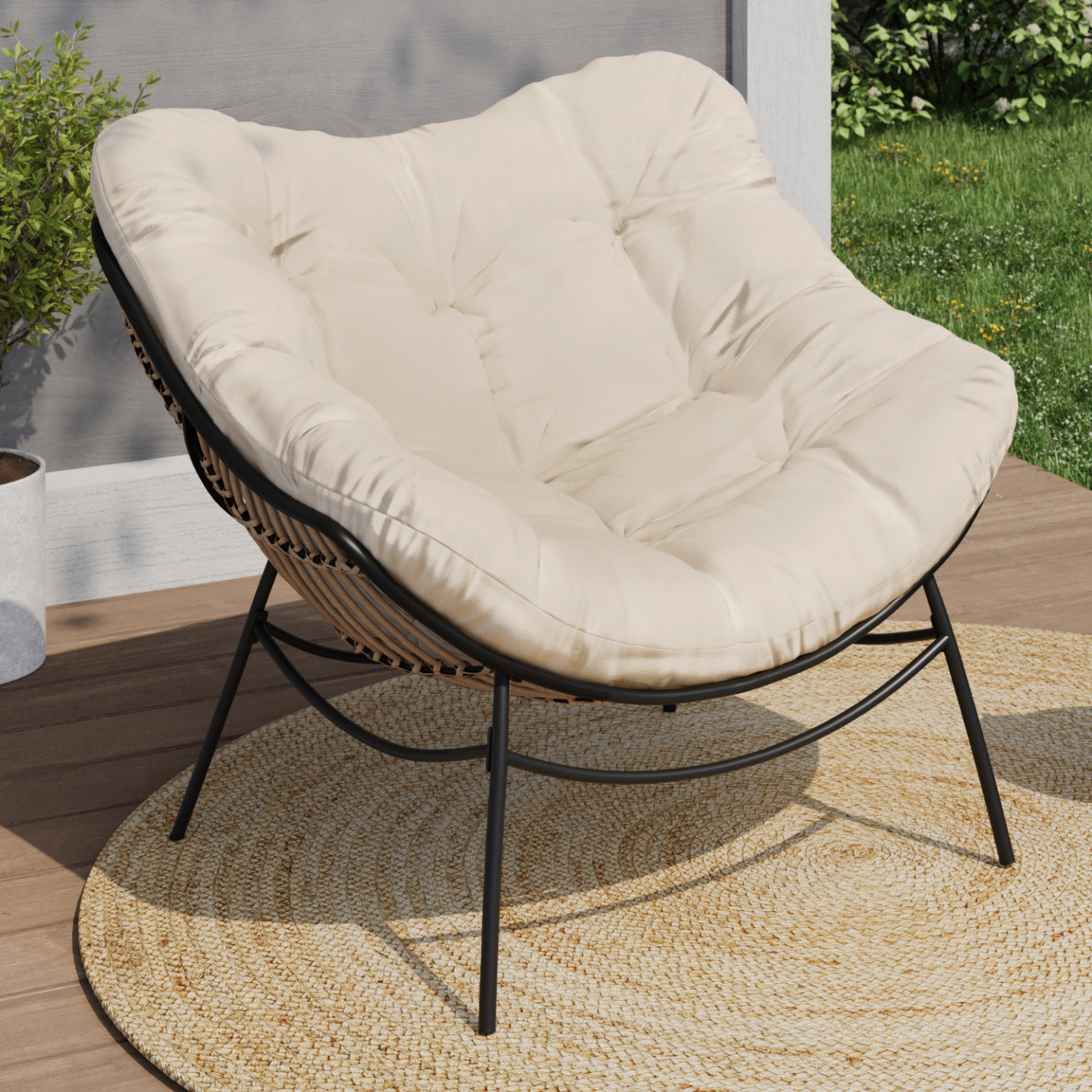 Fauteuil de jardin relax LOA effet rotin avec coussin écru - Image 1