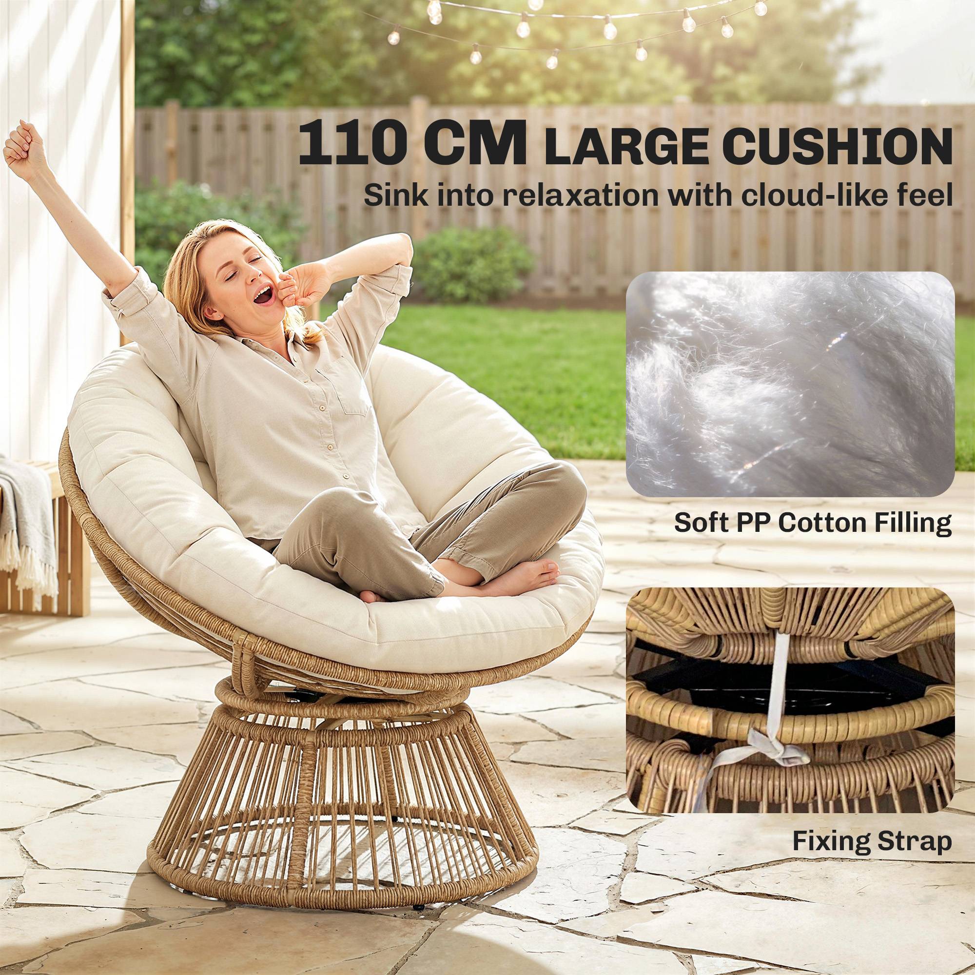 Fauteuil Papasan pivotant 360° en rotin, cadre en acier équipé d’un coussin, fauteuil rond salon couleur blanc crème - Image 6