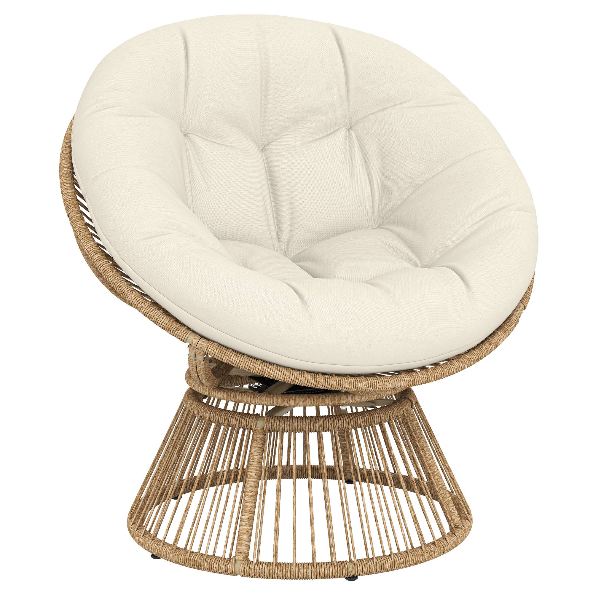 Fauteuil Papasan pivotant 360° en rotin, cadre en acier équipé d’un coussin, fauteuil rond salon couleur blanc crème - Image 1