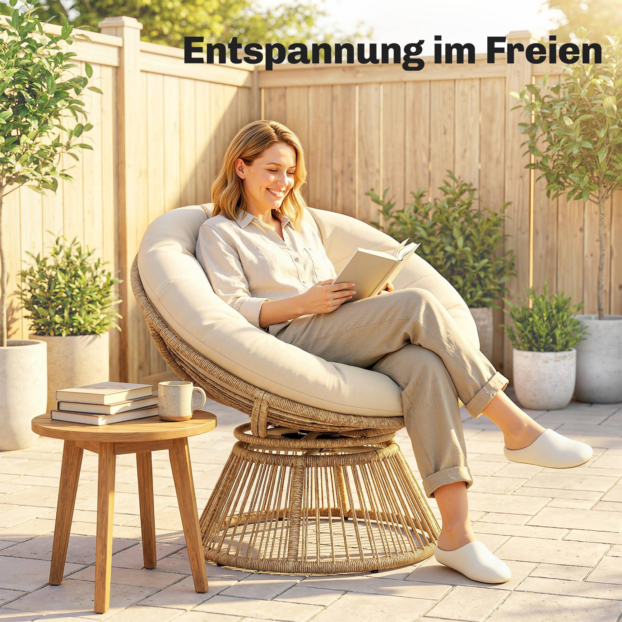 Fauteuil Papasan pivotant 360° en rotin, cadre en acier équipé d’un coussin, fauteuil rond salon couleur blanc crème - Image 8