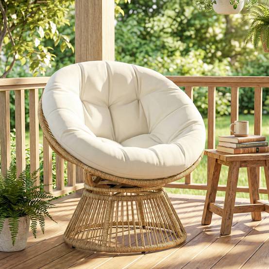 Fauteuil Papasan pivotant 360° en rotin, cadre en acier équipé d’un coussin, fauteuil rond salon couleur blanc crème - Image 2