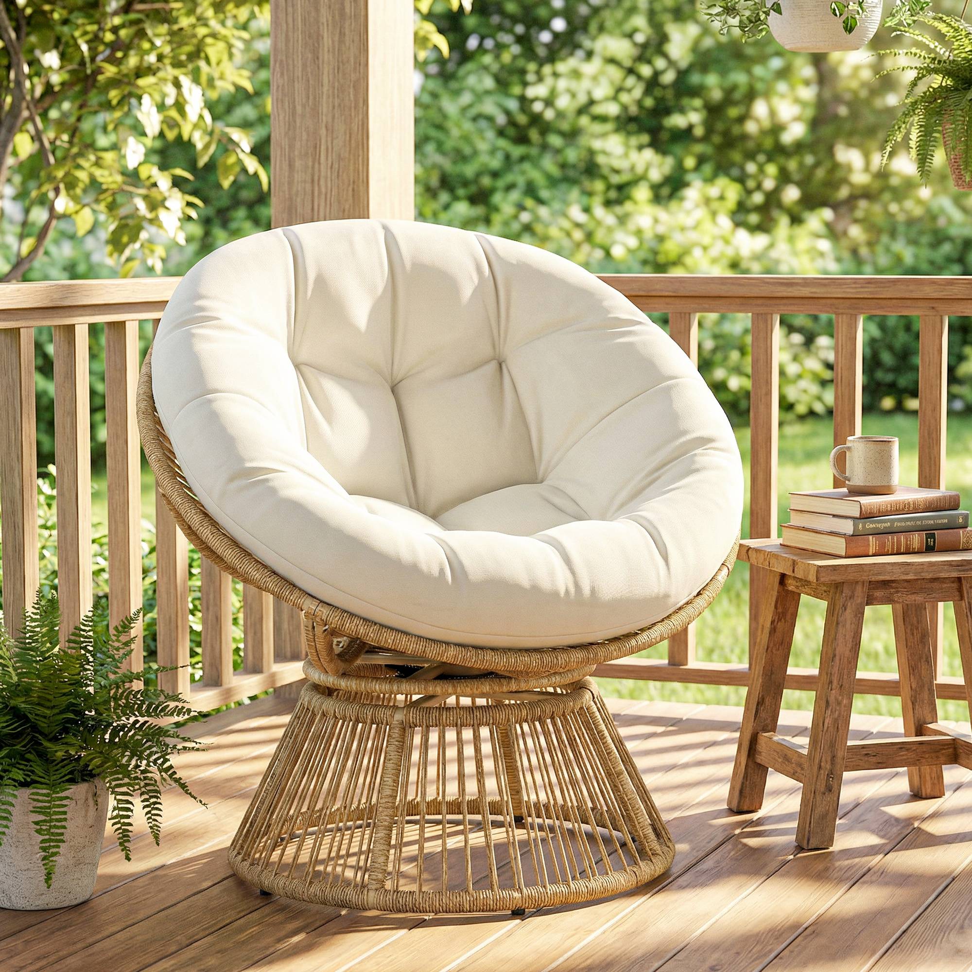 Fauteuil Papasan pivotant 360° en rotin, cadre en acier équipé d’un coussin, fauteuil rond salon couleur blanc crème - Image 2