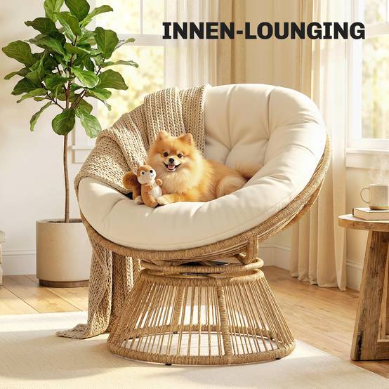 Fauteuil Papasan pivotant 360° en rotin, cadre en acier équipé d’un coussin, fauteuil rond salon couleur blanc crème - Image 9