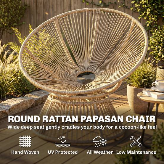Fauteuil Papasan pivotant 360° en rotin, cadre en acier équipé d’un coussin, fauteuil rond salon couleur blanc crème - Image 5