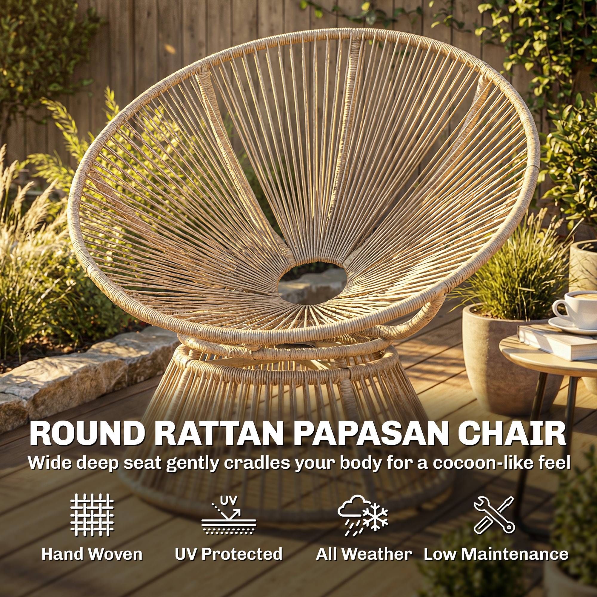 Fauteuil Papasan pivotant 360° en rotin, cadre en acier équipé d’un coussin, fauteuil rond salon couleur blanc crème - Image 5