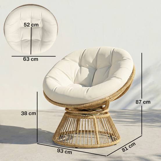 Fauteuil Papasan pivotant 360° en rotin, cadre en acier équipé d’un coussin, fauteuil rond salon couleur blanc crème - Image 3