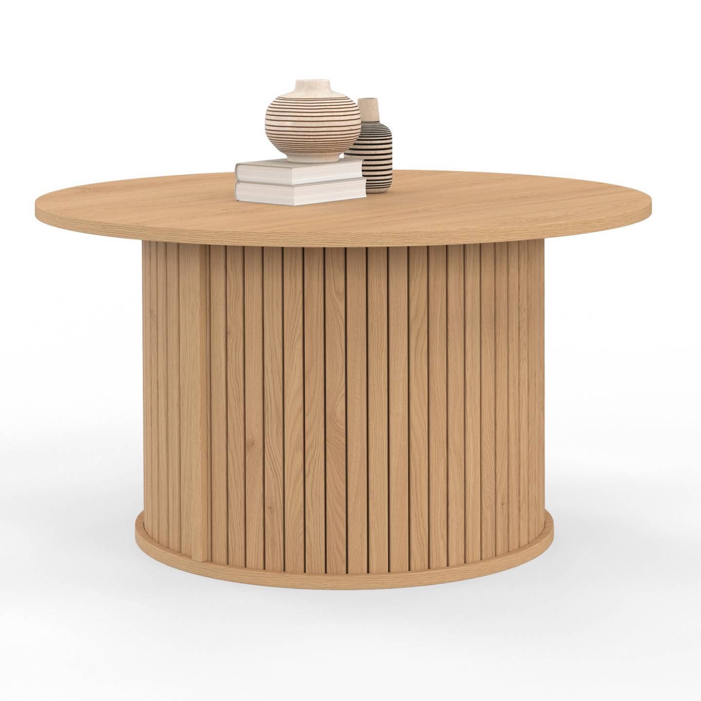 Table basse ronde JULIETTE 70 cm lattes tasseau bois coloris chêne - Image 2