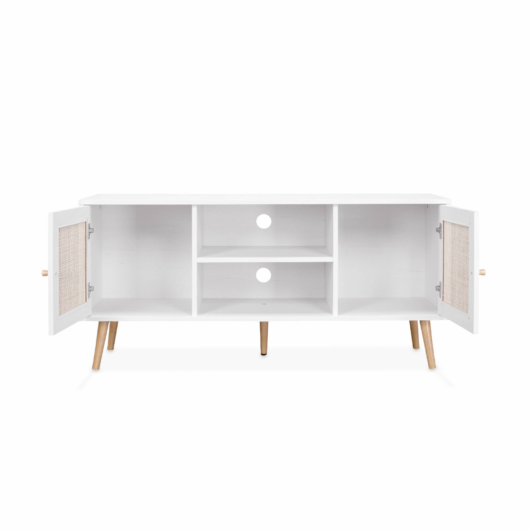 sweeek - Meuble TV en cannage 120x39x56.5cm -  Bohème - Blanc. 2 niveaux. 2 étagères. 2 portes. pieds scandinaves | sweeek - Image 5