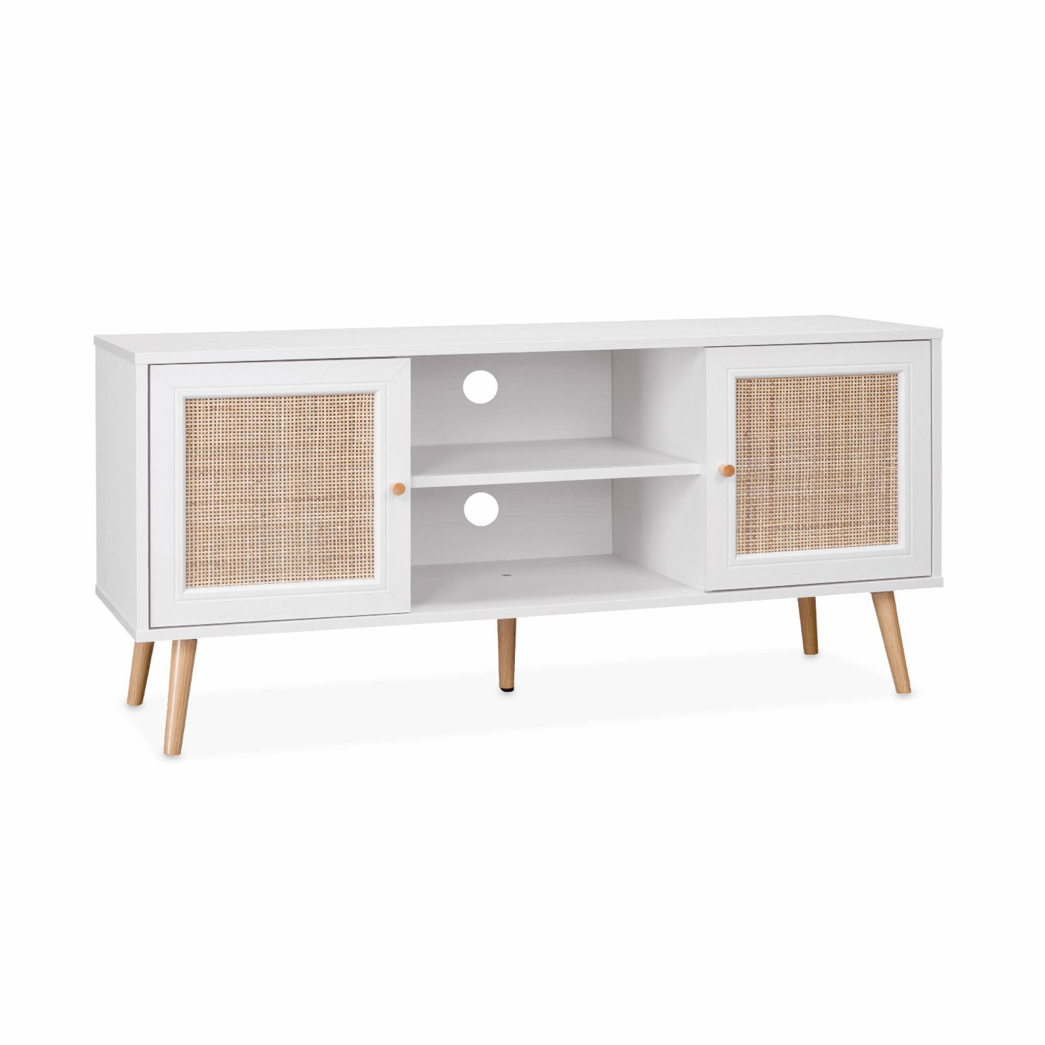 sweeek - Meuble TV en cannage 120x39x56.5cm - Bohème - Blanc. 2 niveaux. 2 étagères. 2 portes. pieds scandinaves | sweeek - Image 2