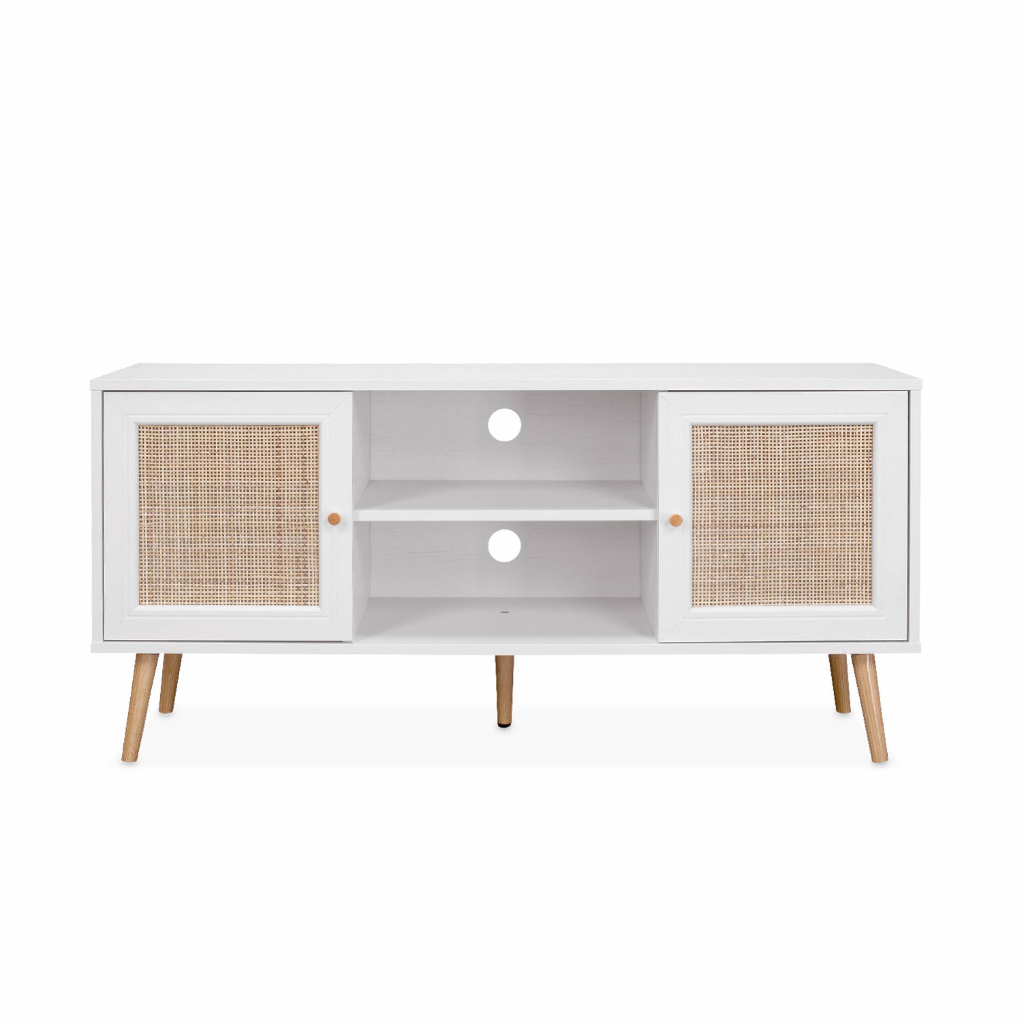sweeek - Meuble TV en cannage 120x39x56.5cm - Bohème - Blanc. 2 niveaux. 2 étagères. 2 portes. pieds scandinaves | sweeek - Image 4