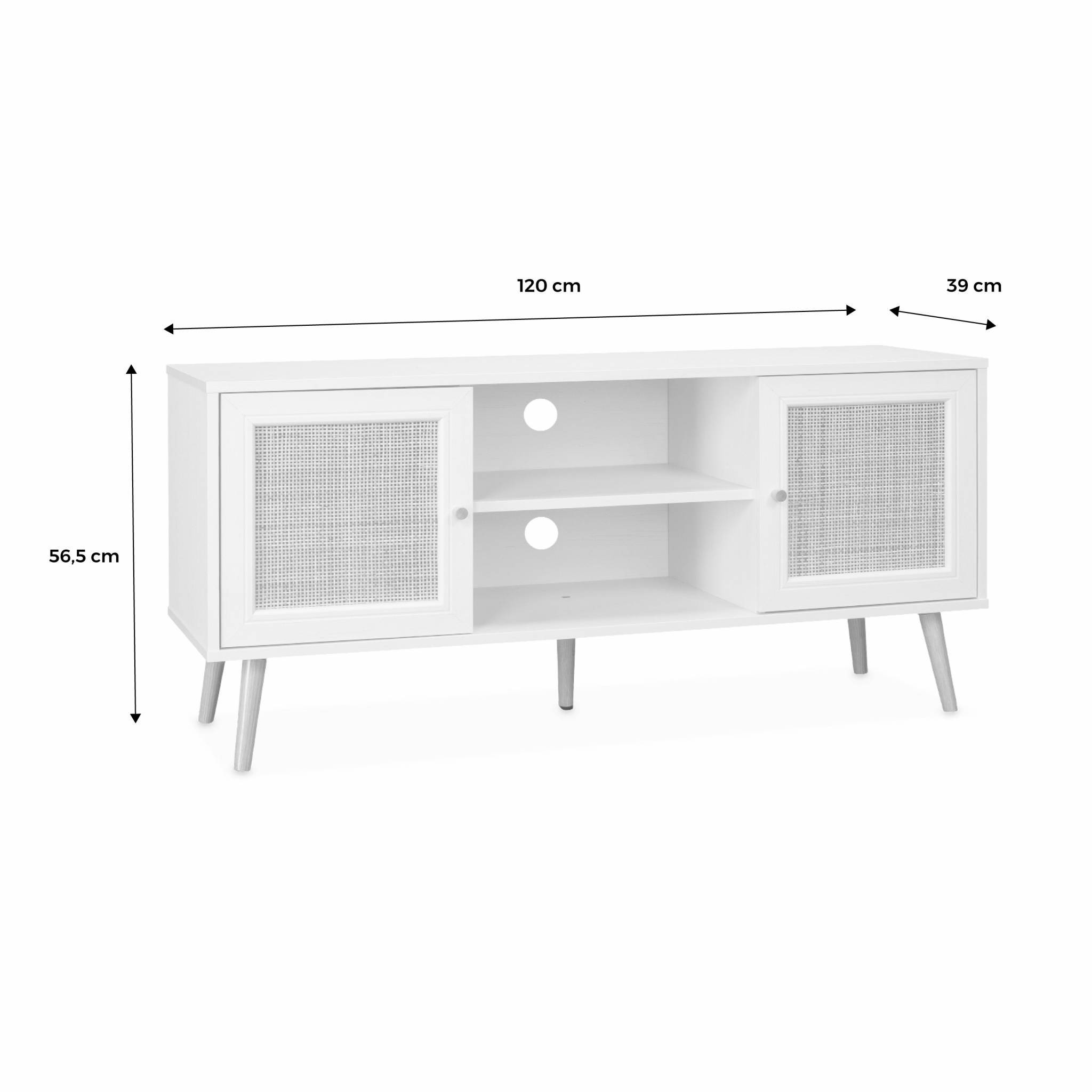 sweeek - Meuble TV en cannage 120x39x56.5cm - Bohème - Blanc. 2 niveaux. 2 étagères. 2 portes. pieds scandinaves | sweeek - Image 7