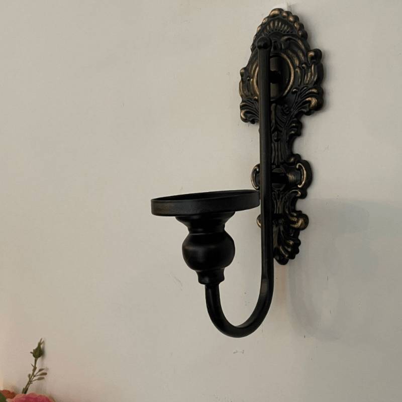 Lot de 2 bougeoirs décoratifs muraux, finition métallique et motif rococo, noir antique, pour salon-Lytech - Image 5