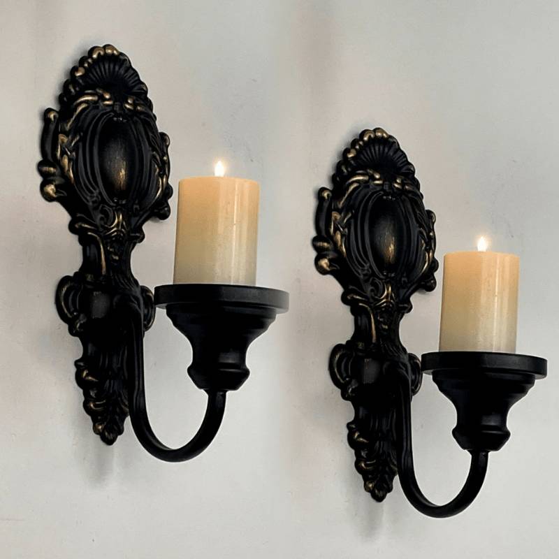 Lot de 2 bougeoirs décoratifs muraux, finition métallique et motif rococo, noir antique, pour salon-Lytech