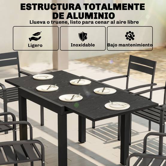 Table à manger extérieure extensible 80/160 cm pour 4-6 personnes aluminium, plateau lattes effet bois noir - Image 7