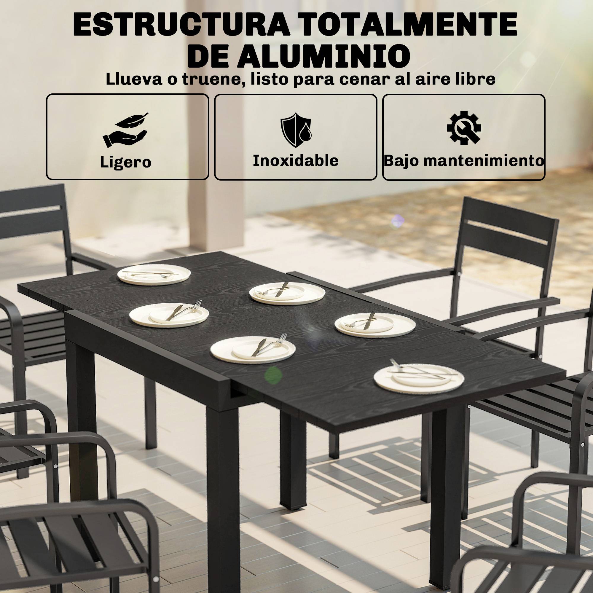 Table à manger extérieure extensible 80/160 cm pour 4-6 personnes aluminium, plateau lattes effet bois noir - Image 7