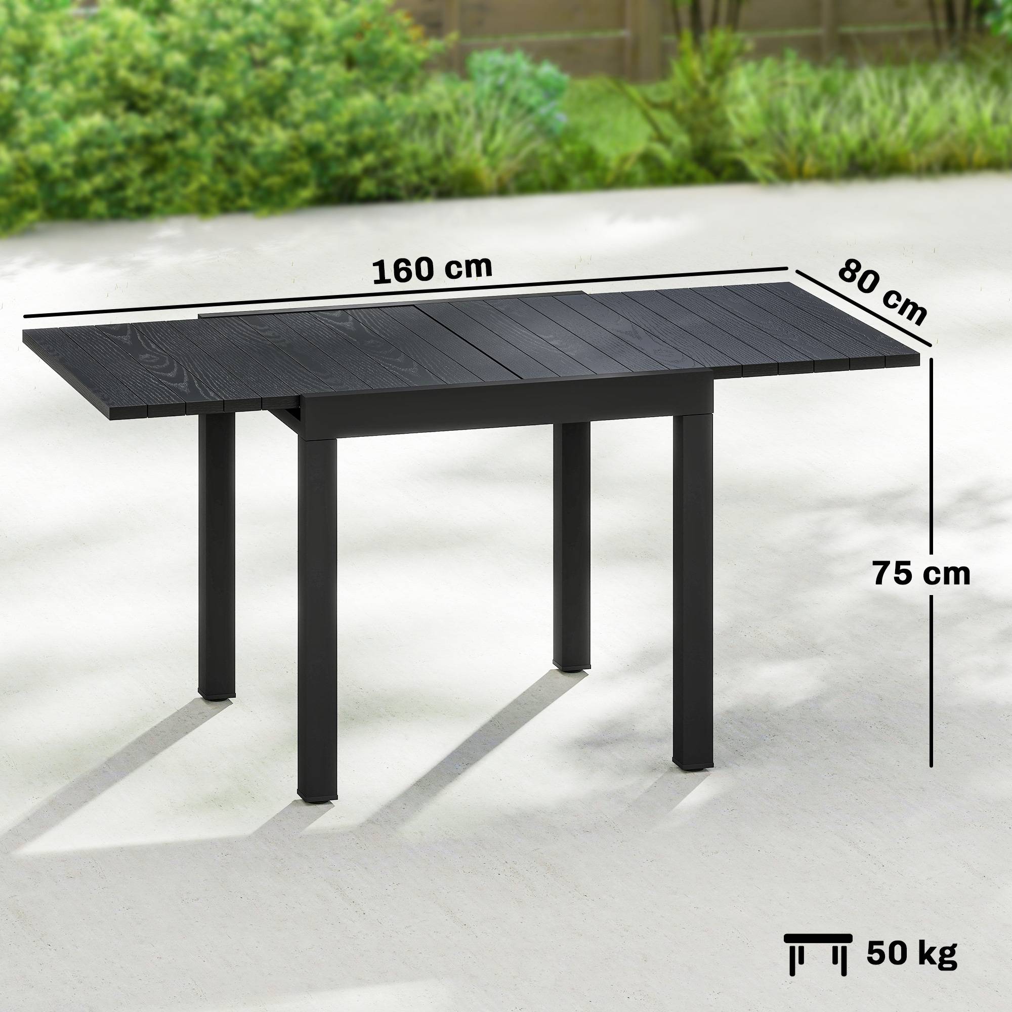 Table à manger extérieure extensible 80/160 cm pour 4-6 personnes aluminium, plateau lattes effet bois noir - Image 5