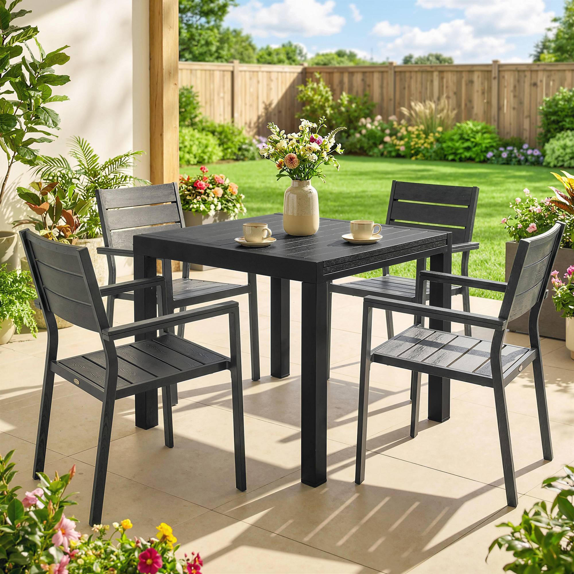 Table à manger extérieure extensible 80/160 cm pour 4-6 personnes aluminium, plateau lattes effet bois noir - Image 10