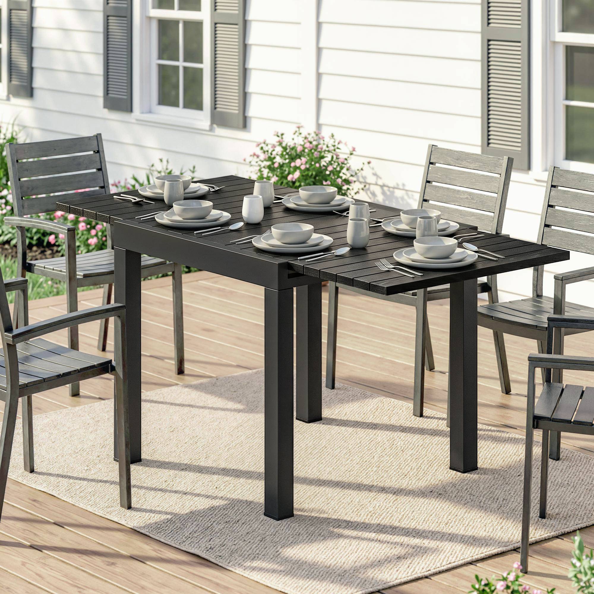 Table à manger extérieure extensible 80/160 cm pour 4-6 personnes aluminium, plateau lattes effet bois noir - Image 4