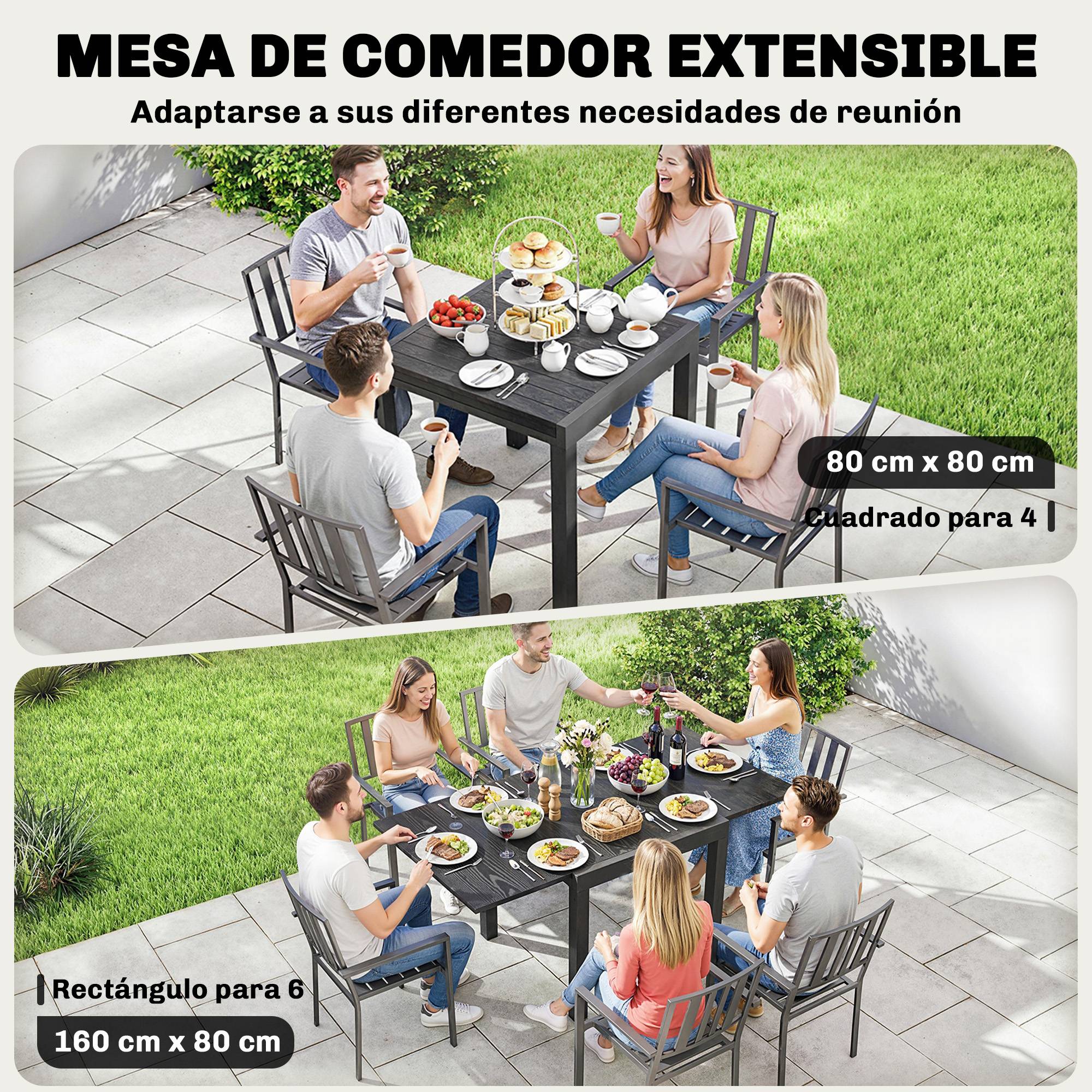 Table à manger extérieure extensible 80/160 cm pour 4-6 personnes aluminium, plateau lattes effet bois noir - Image 6