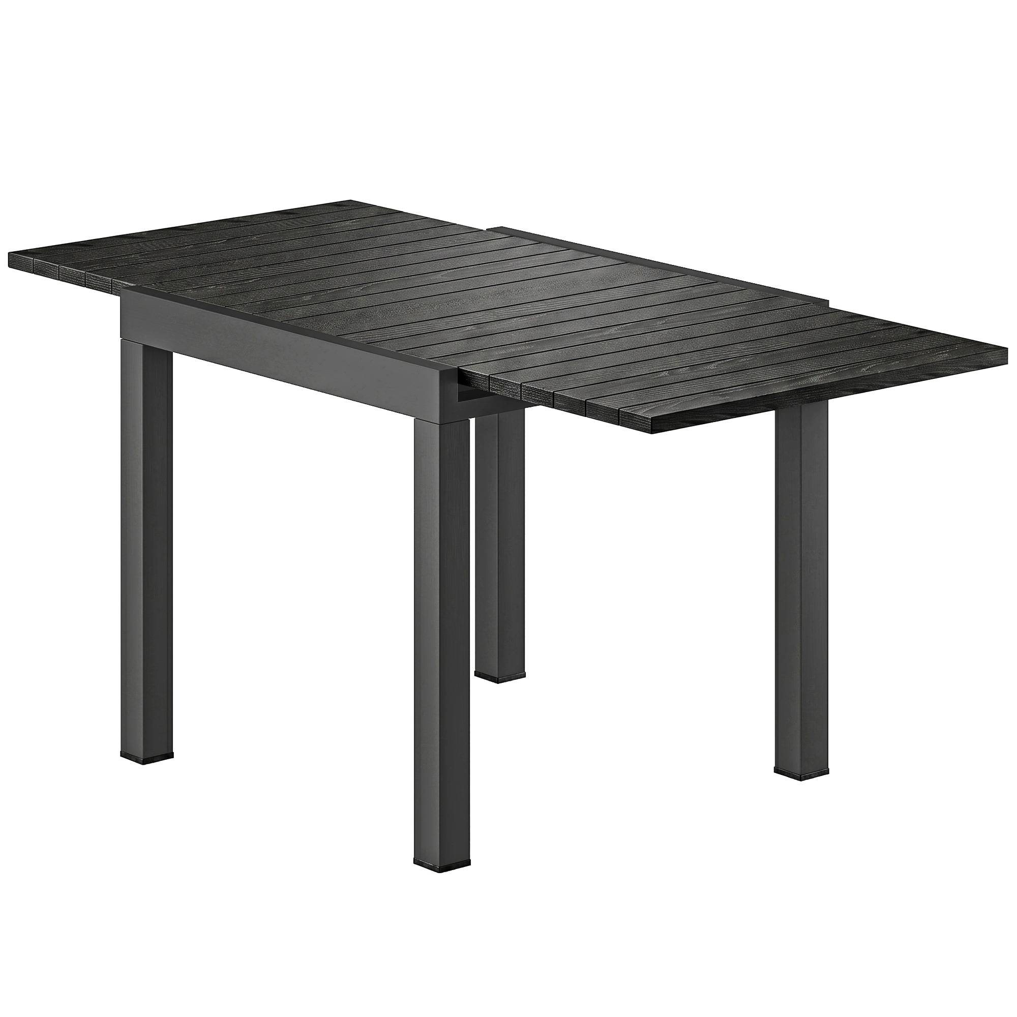 Table à manger extérieure extensible 80/160 cm pour 4-6 personnes aluminium, plateau lattes effet bois noir - Image 2