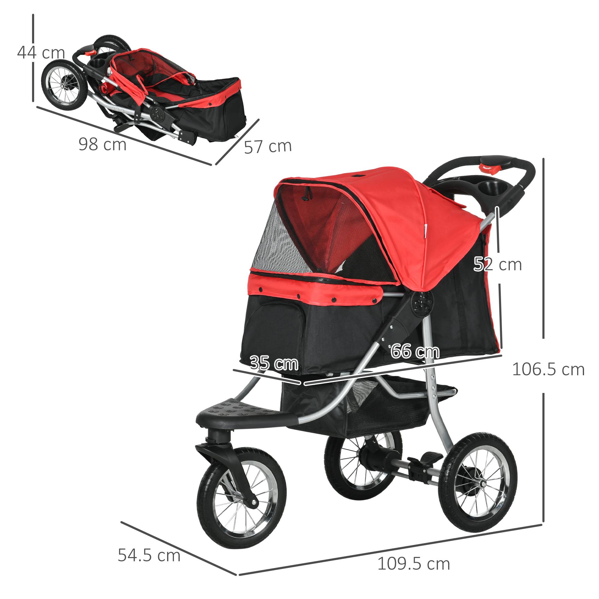 Poussette pliable pour chien et chat à 3 roues, tissu oxford, rouge et noir, dimensions 109,5 x 54,5 x 106,5 cm - Image 3