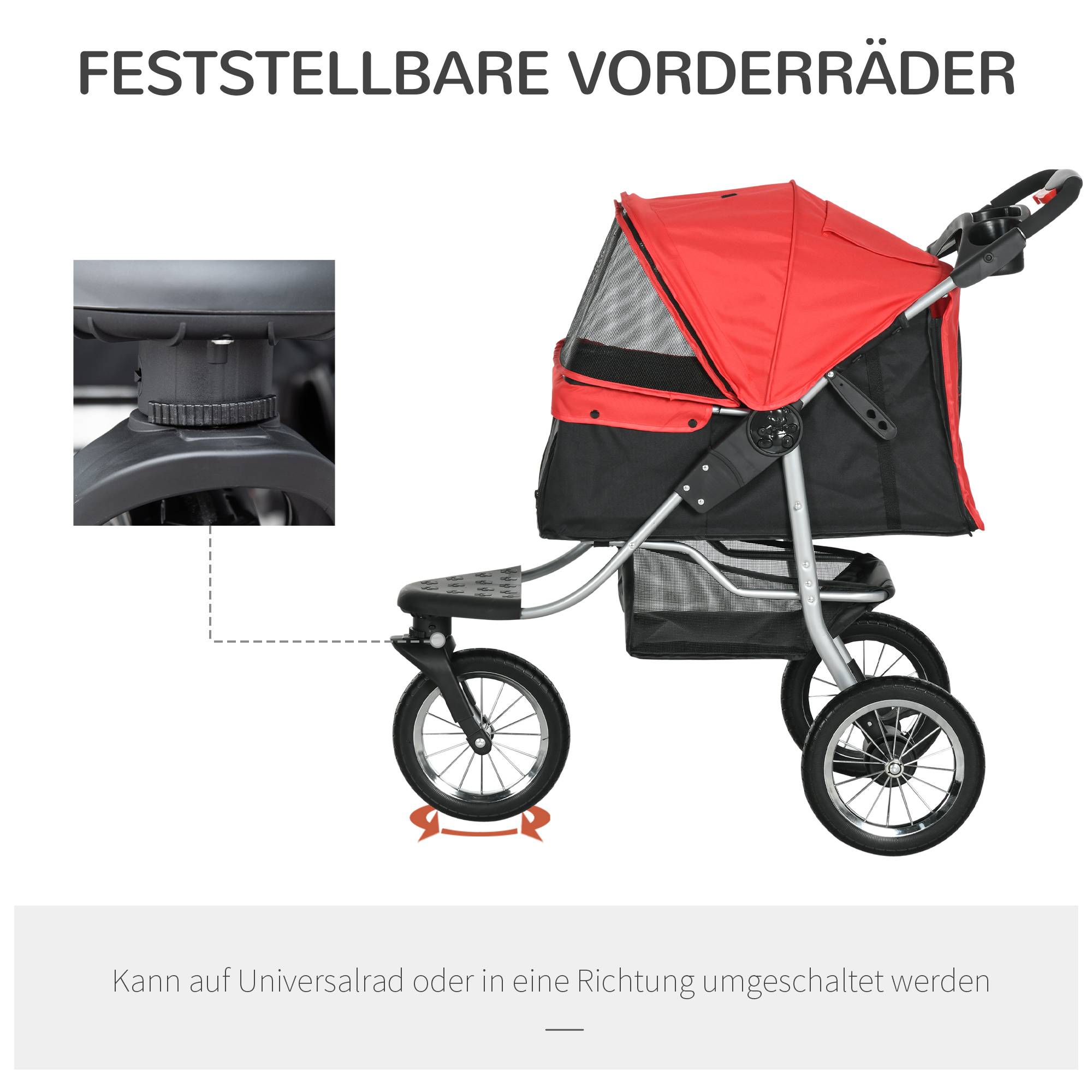 Poussette pliable pour chien et chat à 3 roues, tissu oxford, rouge et noir, dimensions 109,5 x 54,5 x 106,5 cm - Image 4