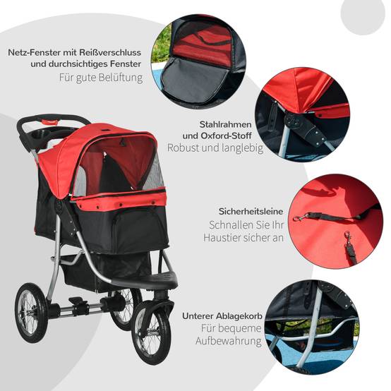 Poussette pliable pour chien et chat à 3 roues, tissu oxford, rouge et noir, dimensions 109,5 x 54,5 x 106,5 cm - Image 6