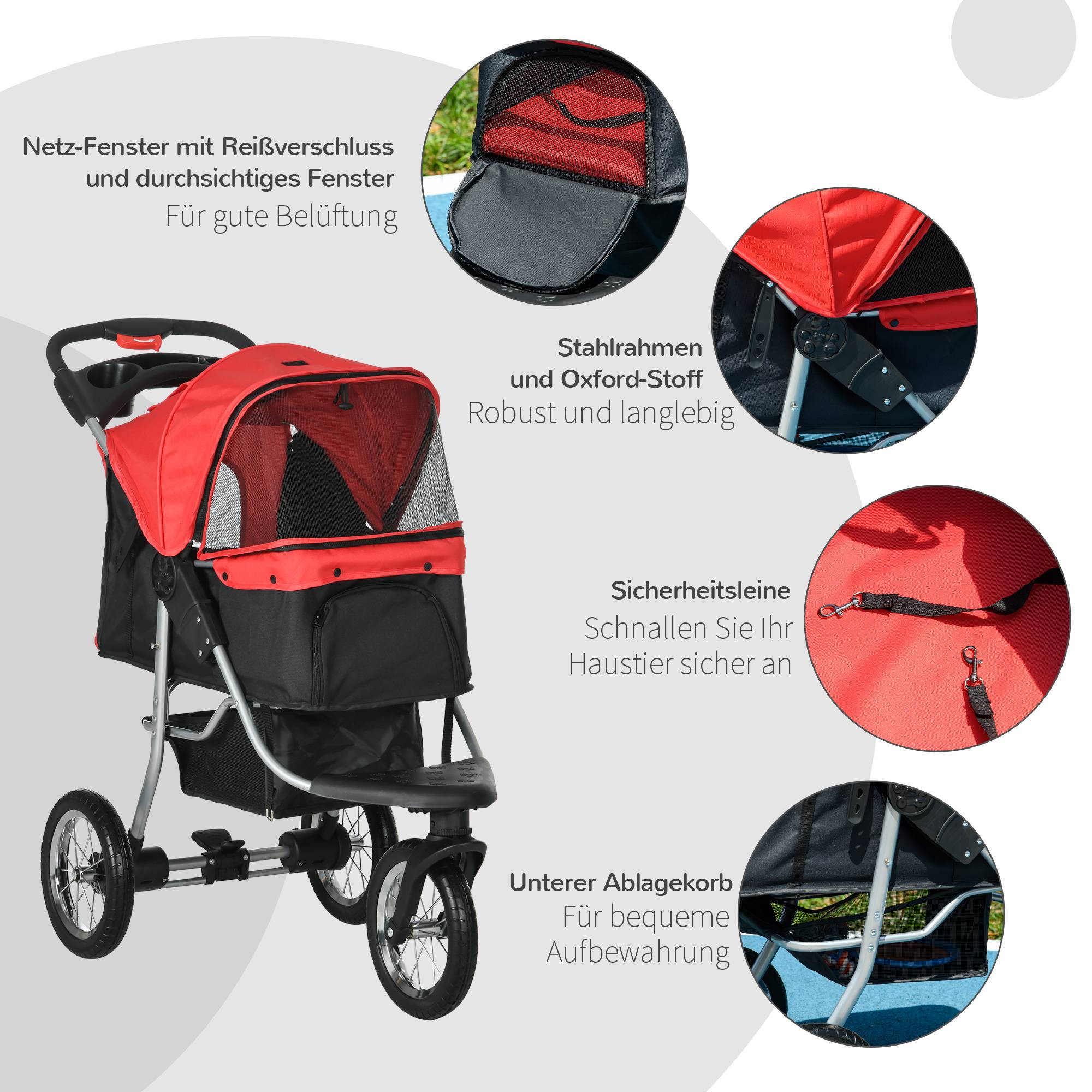 Poussette pliable pour chien et chat à 3 roues, tissu oxford, rouge et noir, dimensions 109,5 x 54,5 x 106,5 cm - Image 6