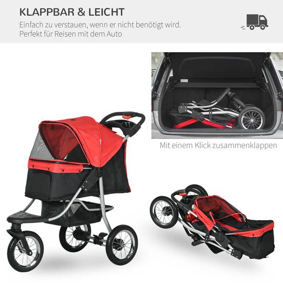 Poussette pliable pour chien et chat à 3 roues, tissu oxford, rouge et noir, dimensions 109,5 x 54,5 x 106,5 cm - Image 5