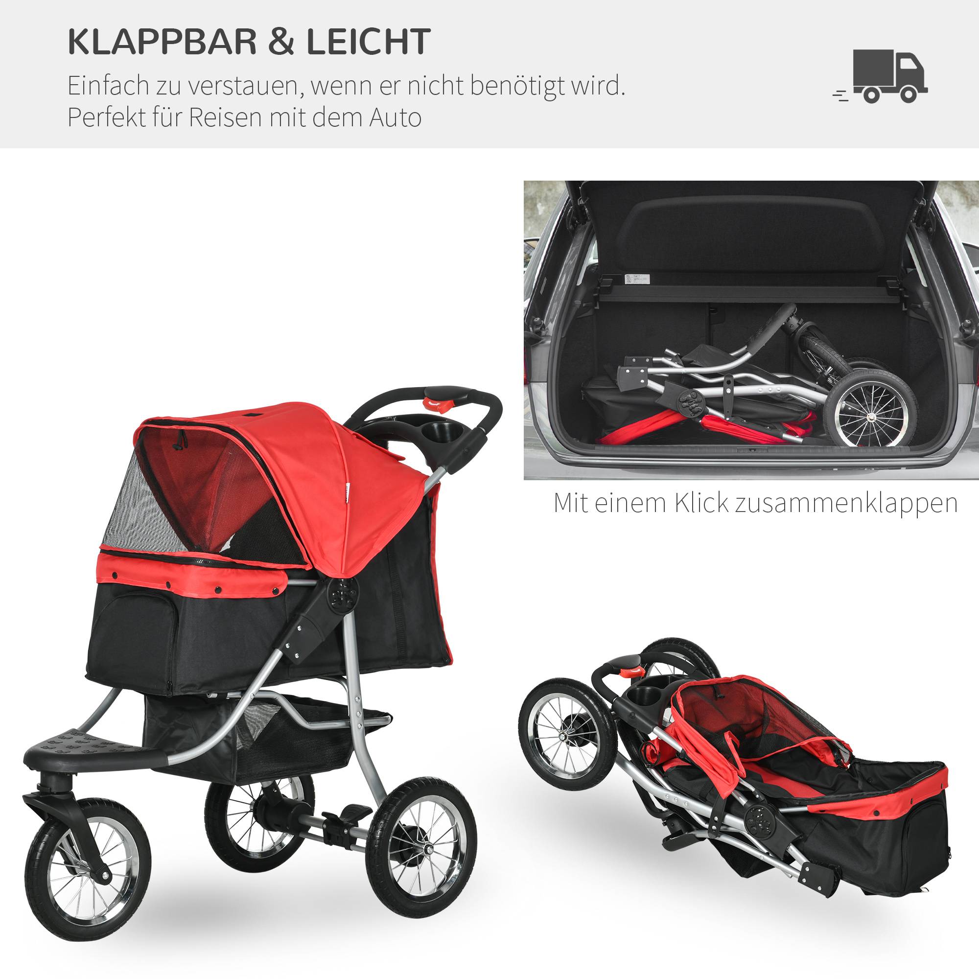 Poussette pliable pour chien et chat à 3 roues, tissu oxford, rouge et noir, dimensions 109,5 x 54,5 x 106,5 cm - Image 5